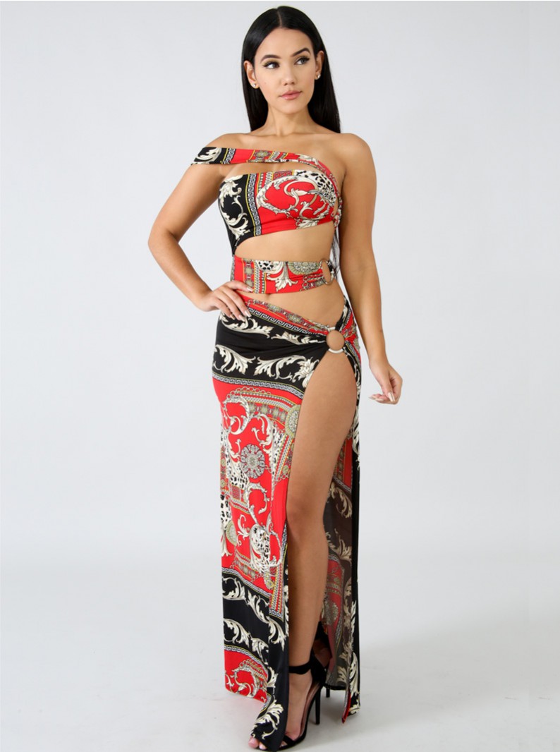 Red Printed Strappy Gown W/ Side Slit